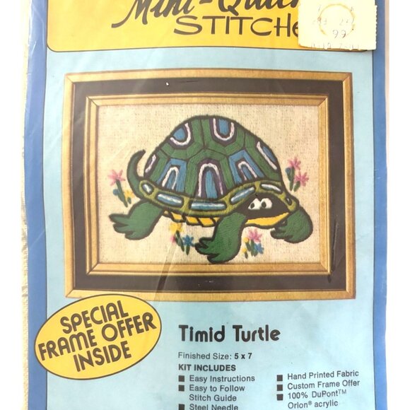 VINTAGE Valiant Mini-Quick Stitches Timid Turtle Needlepoint Kit 5x7 Hand Printe - Picture 1 of 4